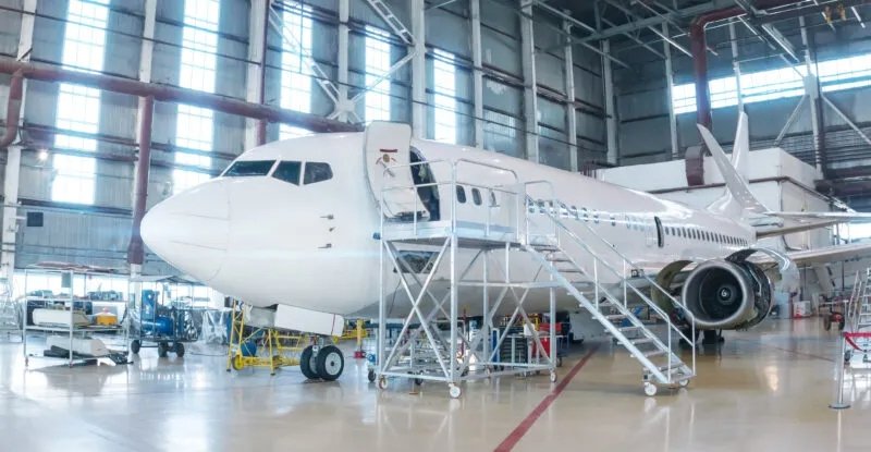 Aircraft in maintenance hangar