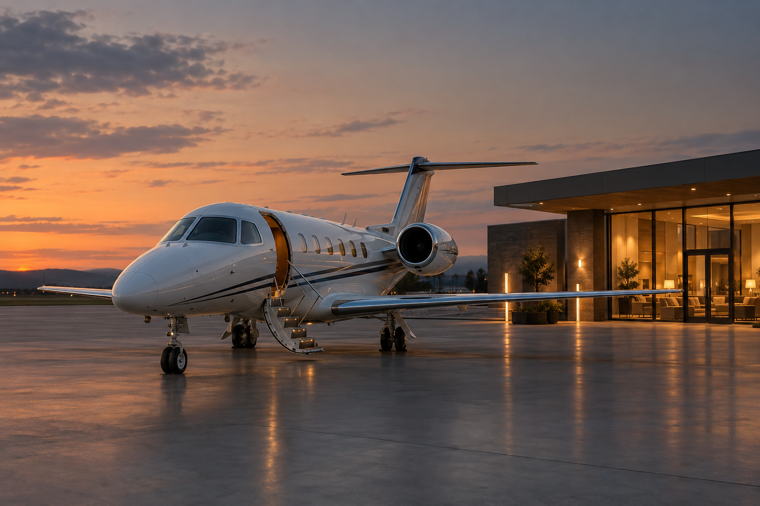 Private jet at an FBO terminal at dusk