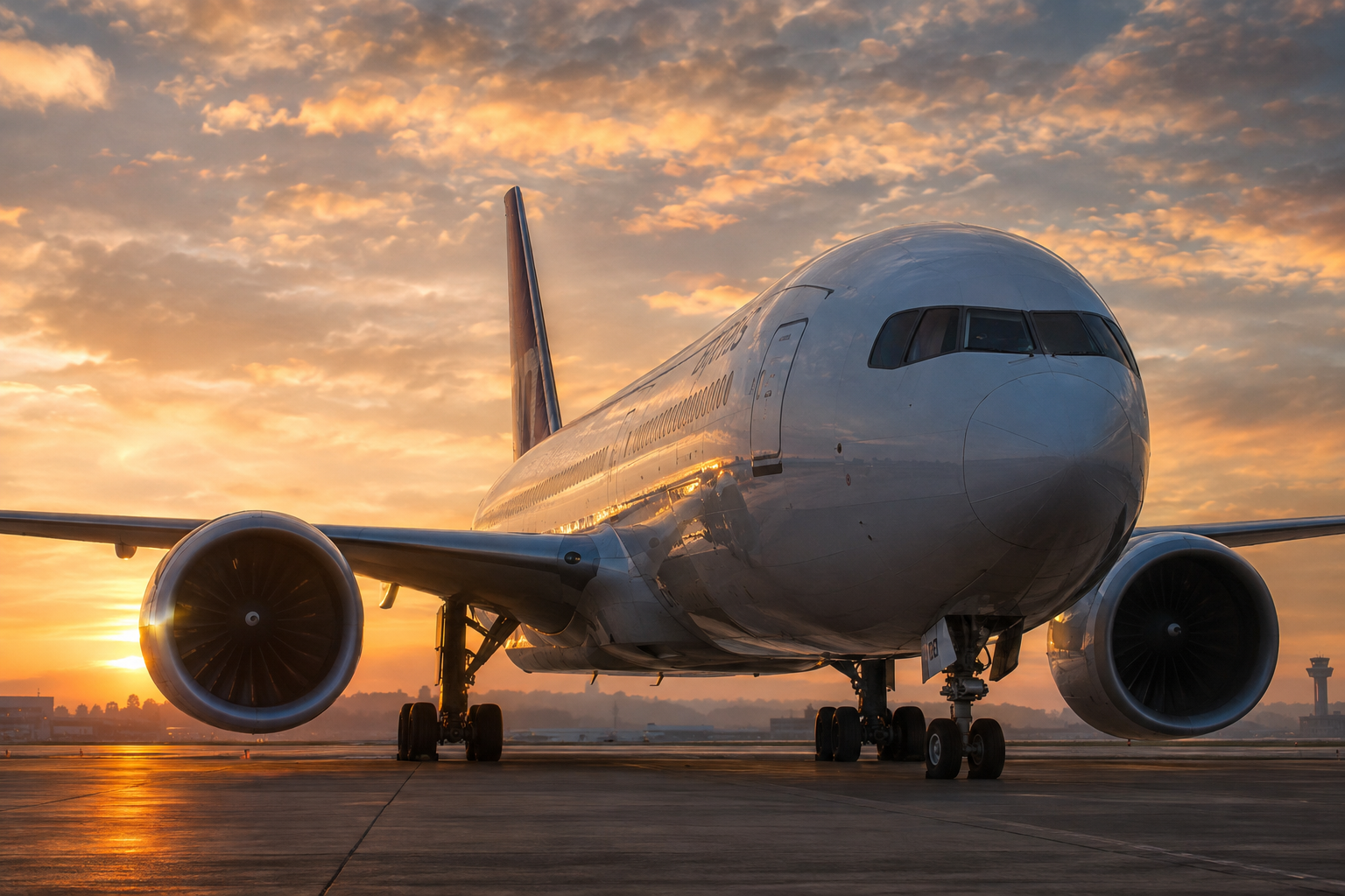 Commercial airliner on the tarmac at dawn